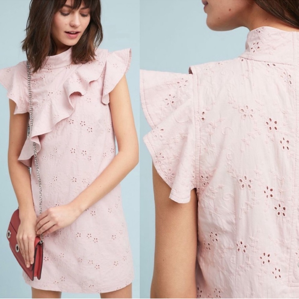 Anthropologie McGuire Sorbonne Ruffle Eyelet Dress Pink Medium